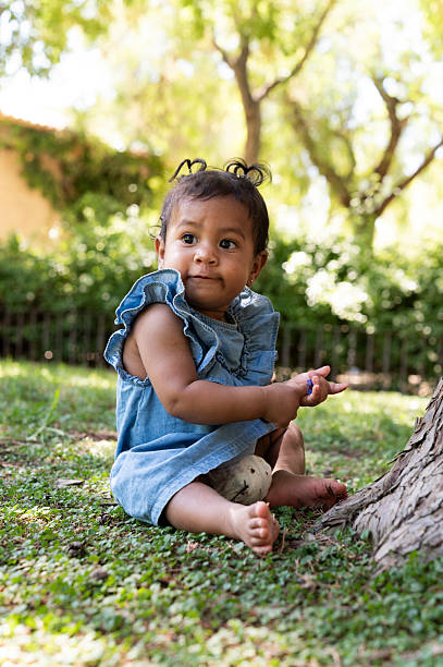 Baby girl sitting on grass beneath a tree, joyfully playing with a ball in a sunny park, embracing the innocence of childhood