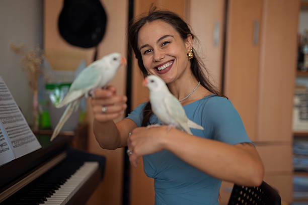 istock Smiling woman holding two parrots indoors 2235184800