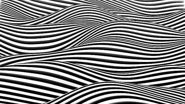 Wavy striped abstract background, black and white 3D wallpaper, rendering illustration.