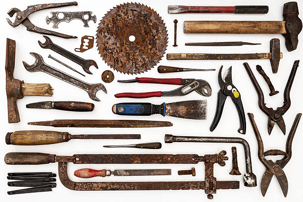 istock Flat lay of old hand tools on white background. 2235185454