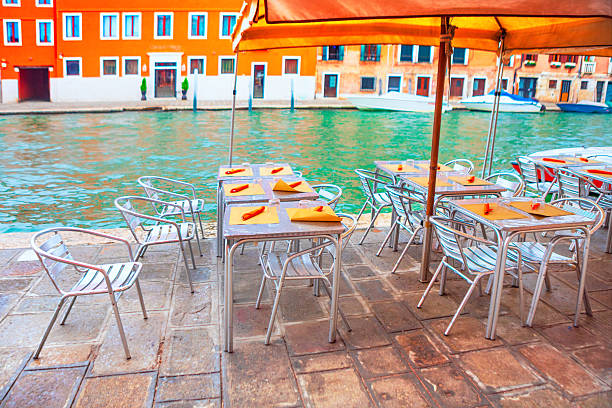 istock Outdoor cafe tables sit along a canal in Venice 2235192867