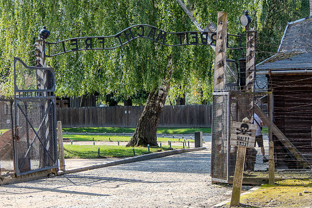 Auschwitz, Poland, August 6, 2025. Auschwitz Birkenau Concentration and Extermination Camp Entrance with registration, work sets you free.