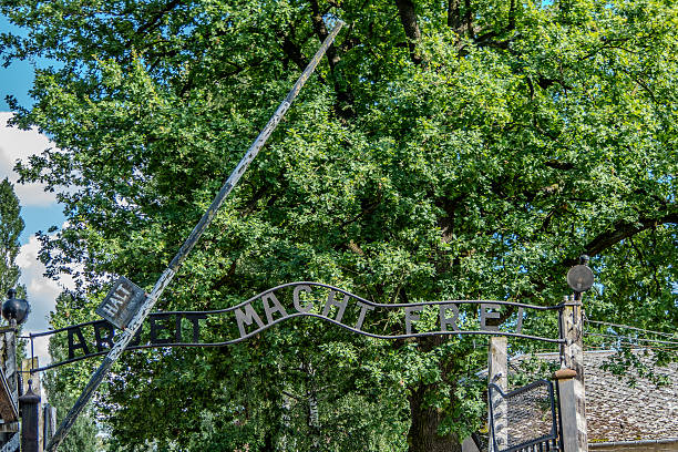 Auschwitz, Poland, August 6, 2025. Auschwitz Birkenau Concentration and Extermination Camp. Entrance with registration, work sets you free.