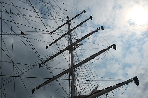 Ropes and masts of a tall ship are prominently displayed against a moody sky. The structure showcases intricate rigging work, emphasizing maritime craftsmanship.