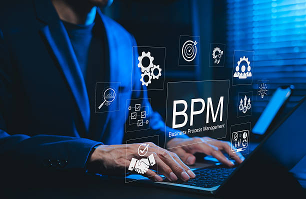 istock Business Process Management (BPM) concept. Businessman using laptop, surrounded by BPM icon representing workflow automation, task optimization, process analysis, collaboration and strategic execution 2235210461