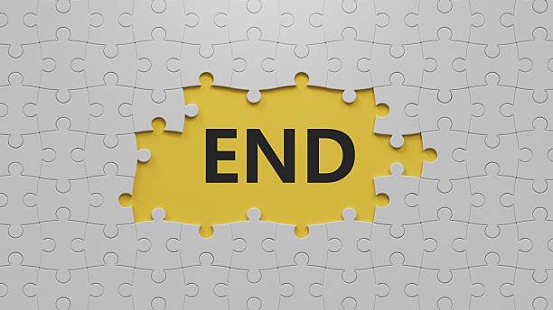 istock end.The white puzzle pieces with missing pieces spelling.Flat lay view from above on The white puzzle pieces with missing pieces buttons.IT technology concept.3D rendering on yellow background. 2235212906