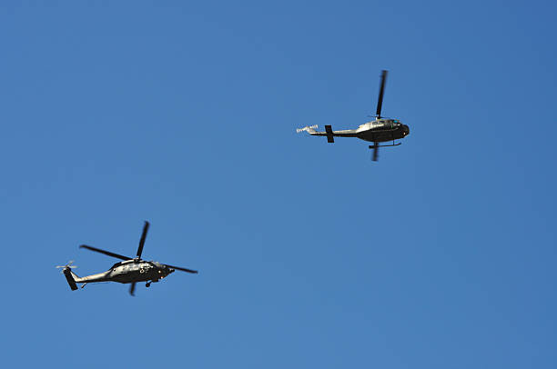 Two military helicopters flying in a clear blue sky, Santiago, Santiago Metropolitan Region, Chile