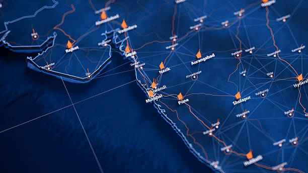 istock Bhiwandi map big data visualization. Futuristic map infographic of city in India. Visual map data complexity in modern blue and orange colors 2235217364