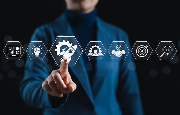 Business Innovation and Startup Launch Strategy Concept. Rocket icon with startup, idea, teamwork, partnership, and growth, symbolizing innovation, launch strategies, and organizational development.