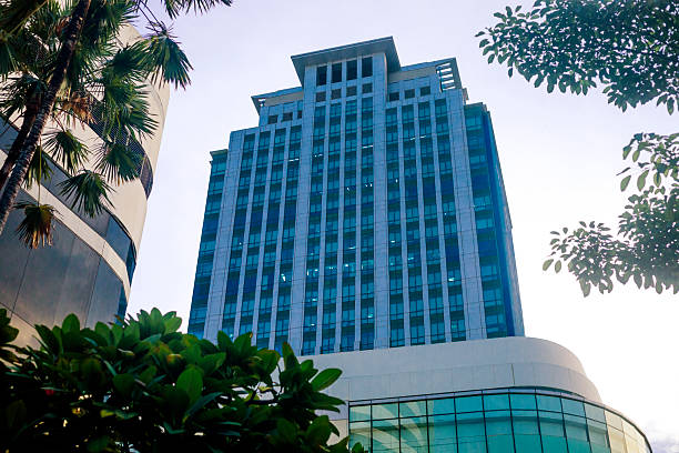 istock Office tower building behind trees among other buildings 2235218633