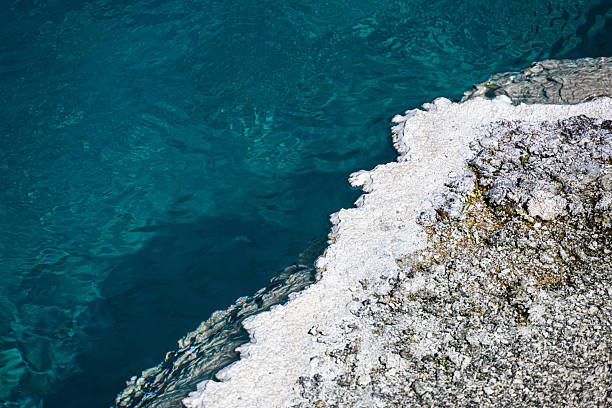 Close-up view of turquoise hot spring water with mineral-rich shoreline in Yellowstone National Park, Wyoming, USA. The shimmering surface and bright colors highlight the geothermal beauty and unique natural patterns found in this iconic landscape. Perfect for buyers seeking abstract backgrounds, textures, or science and travel imagery.