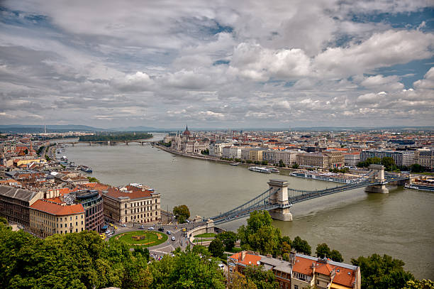 istock Panoramic view of the Danube River flowing through central Budapest, with the Hungarian Parliament Building visible on the right and city architecture lining the riverbanks under a cloudy sky. 2235229039