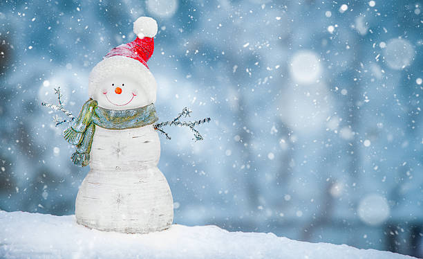 istock Smiling Snowman With Santa Hat And Scarf In Winter Snowfall 2235233701