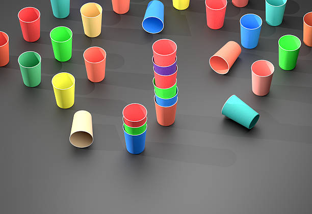 Group of colorful recyclable paper cups on dark background. 3D render