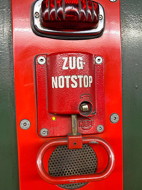 istock Stop Crane Lever to Stop Train, Text in German Zug-Notstop 2235247110