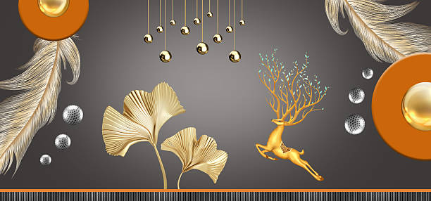 istock 3d art modern boho mural wall decor wallpaper with light background, golden trees, shapes, ginkgo bibola and deer. For canvas  frame wall. black background 2235247966