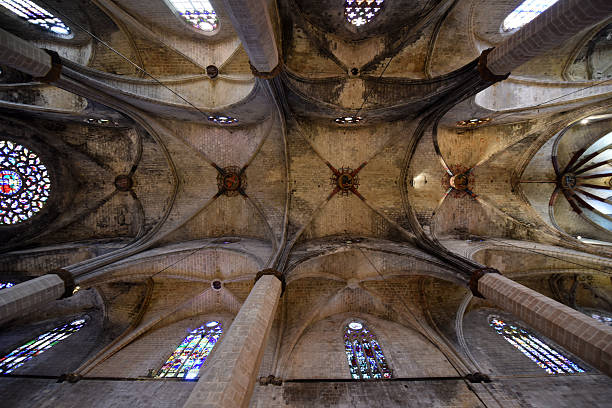 Santa Maria del Mar is a gothic church in the Ribera district of Barcelona, built between 1329 and 1383. The image shows the ribbed vault ceiling main and main nave of the wonderful church.