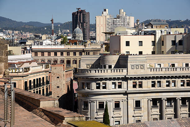 Barcelona City with residential buildings seen from the roof of Barcelona Cathedrla.