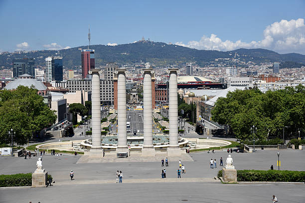 Barcelona seen from the Montjuïc hill, captured during a sunny day in spring season.
