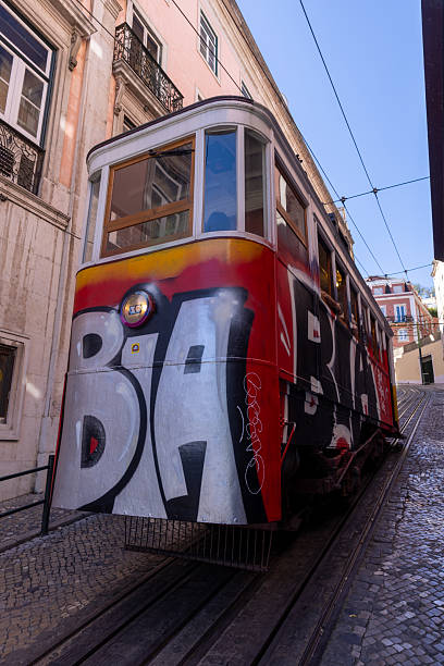 Lisbon, Portugal - December 31, 2024: The Elevador da Glória funicular, a historic tram connecting Baixa and Bairro Alto in Lisbon