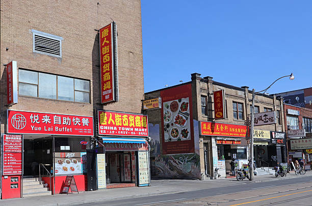 Toronto - Sept 12, 2025:Colorful storefronts in Chinatown district of Toronto, Canada