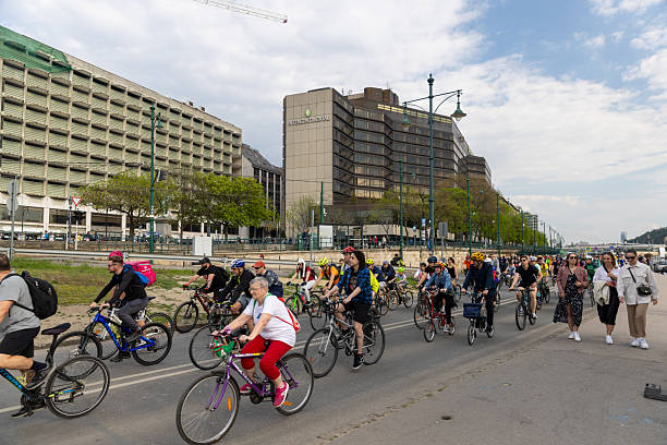 Budapest, Hungary, April 21, 2023: Cyclists riding bicycles on the street for annual event.