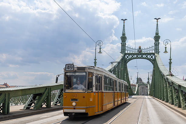 Budapest, Hungary - April 21, 2023: Vintage cable are through the bridge.