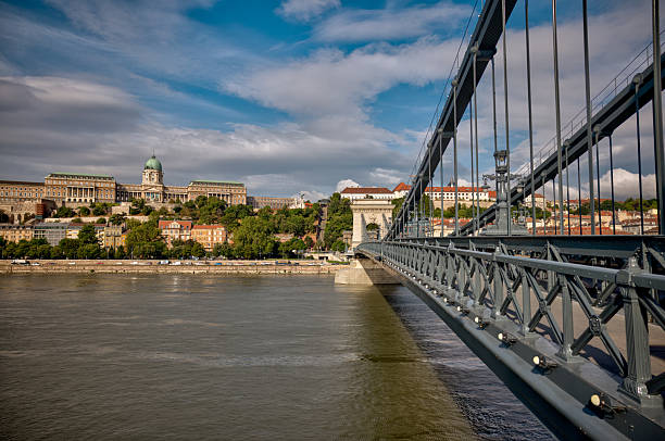 Budapest, Hungary - July 28, 2025: The iconic Chain Bridge spanning the Danube River to central Budapest
