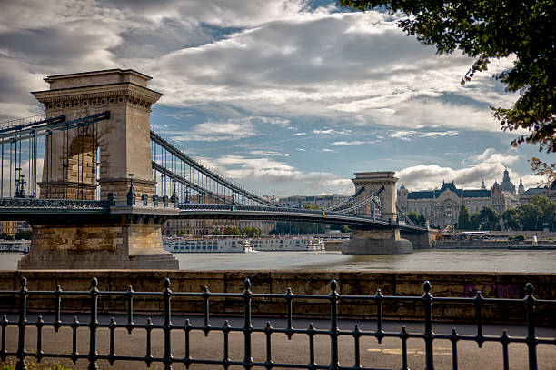 Budapest, Hungary - July 28, 2025: The iconic Chain Bridge spanning the Danube River to central Budapest