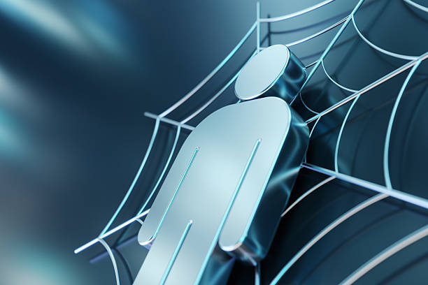 A creative depiction of technology's web interconnection featuring a metallic human figure in a digital web. This conceptual imagery symbolizes network connectivity, digital presence, and the intricate reliance on technology in modern life.