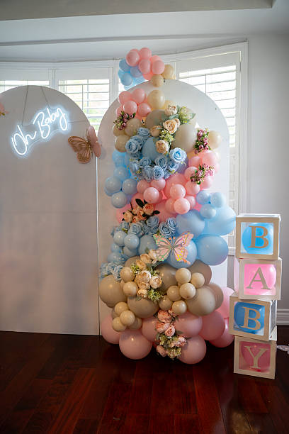 istock Baby shower decorations and event setup with balloon arrangements. 2235302497