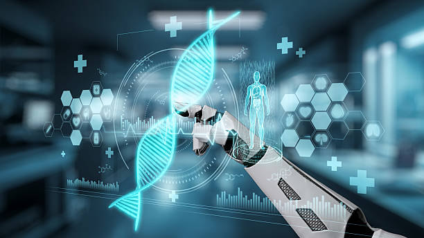 istock Close up of robot hand pointing and tapping at DNA hologram at lab. Salubrious. 2235304780