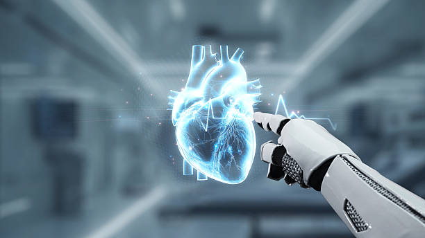 istock Close up of robot hand pointing and tapping at heart holographic. Salubrious. 2235304868