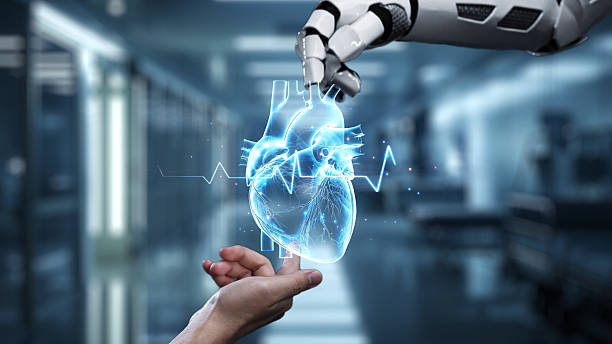 istock Robot and human reach hand and point finger with heart icon float. Salubrious. 2235304933