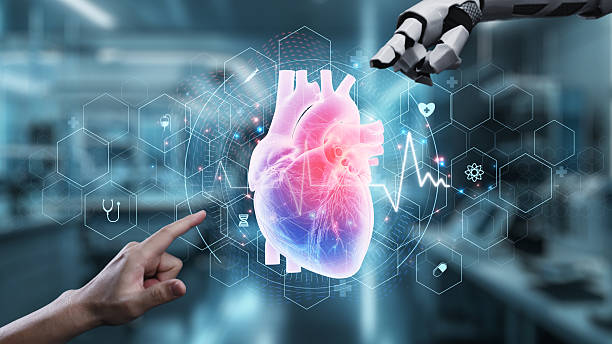 istock Robot and human reach hand and point finger with heart icon float. Salubrious. 2235304945