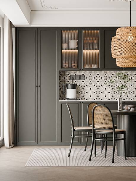 istock Minimalist Dining Room with Dark Cabinets, Large Rattan Pendant Light and Open Storage Display 2235308331