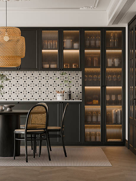 istock Minimalist Dining Room with Dark Cabinets, Large Rattan Pendant Light and Open Storage Display 2235308333
