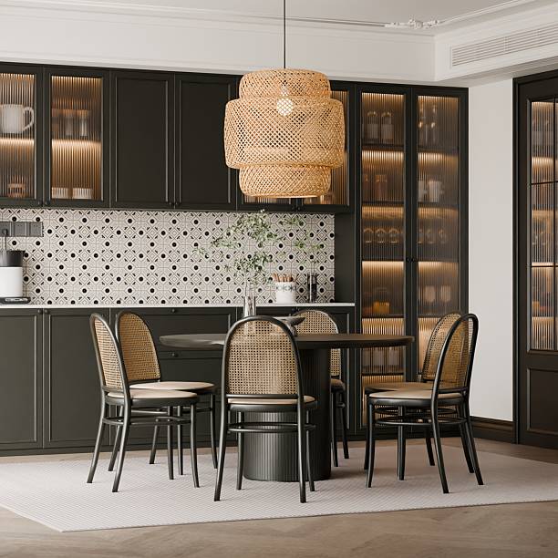 istock Minimalist Dining Room with Dark Cabinets, Large Rattan Pendant Light and Open Storage Display 2235308334