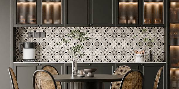 istock Minimalist Dining Room with Dark Cabinets, Large Rattan Pendant Light and Open Storage Display 2235308370