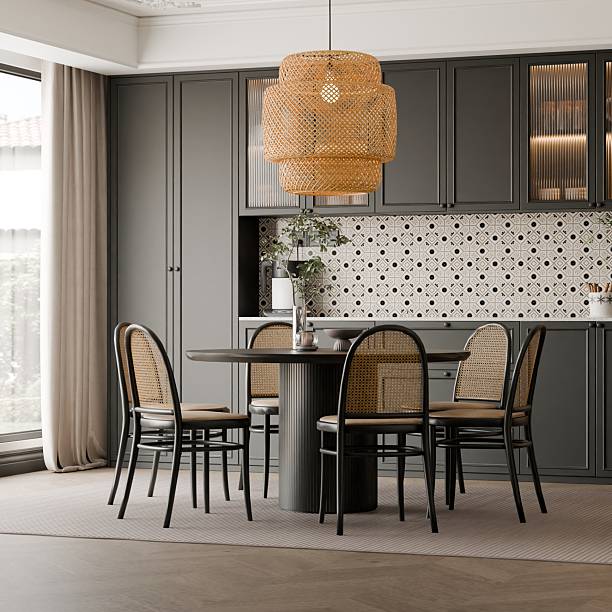 istock Minimalist Dining Room with Dark Cabinets, Large Rattan Pendant Light and Open Storage Display 2235308379