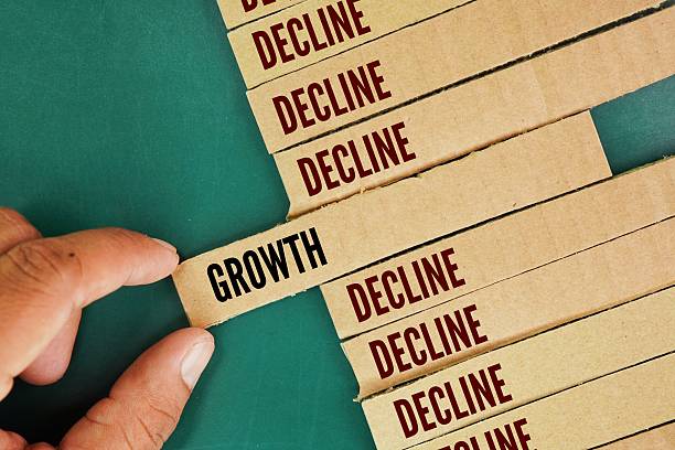 istock Square paper with two words growth or decline. refers to whether something is increasing or decreasing in size, quantity, or intensity over time 2235308521