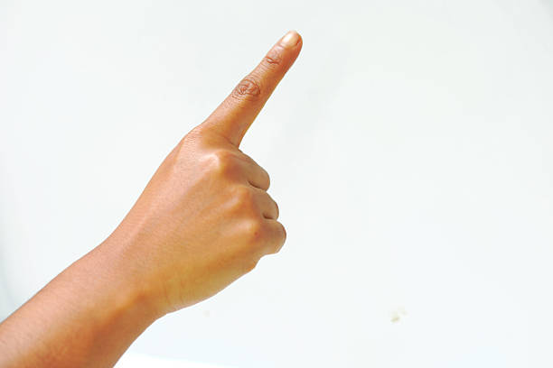Touching Sign shown by hand on white background.