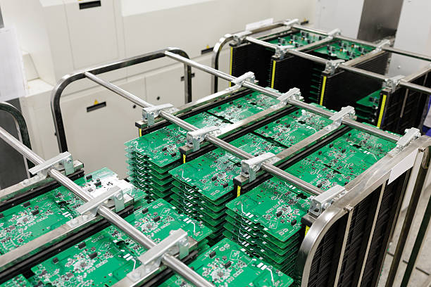 Stacks of PCB panels in antistatic rack on SMT assembly line