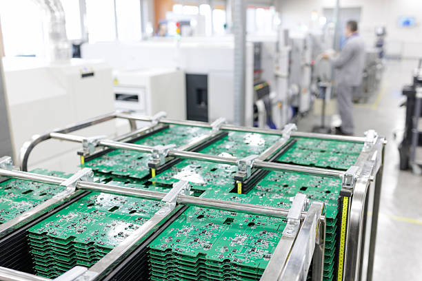 PCB panels in antistatic rack on high speed SMT assembly line