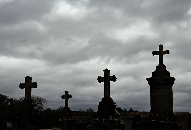 Cross shaped tombstones at the WW2 Graves of D-Day in Normandy, France - Americain World War 2 Cemetery and Memorial