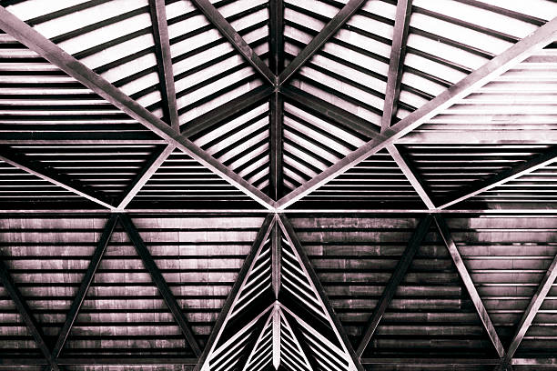 This is a striking, high-contrast photograph looking directly up at the interior of an intricately designed roof. The composition is defined by its perfect symmetry, creating a mirror-like image with strong diagonal and horizontal lines. The framework consists of heavy beams that form a complex web of triangular shapes, which are in turn filled with fine, parallel slats. The monochrome style emphasizes the building's raw geometry and texture, transforming a functional architectural element into a powerful abstract pattern.