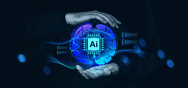 istock Human hands surrounding glowing AI brain hologram on dark background conceptually. 2235335106
