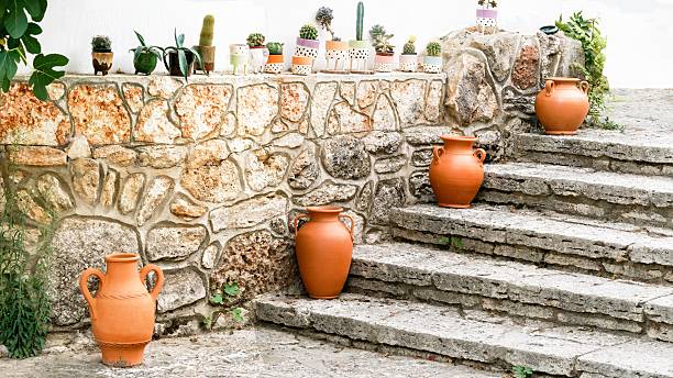 A beautiful collection of potted plants on the front steps of a house, by the light green front door.