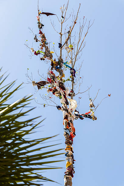 A leafless tree decorated with colorful plastic and fabric waste, standing against a clear blue sky in Altea, Spain. The image highlights environmental issues and art.