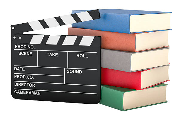 istock Book to movie adaptation, concept. Film clapperboard and stack of books. 3D rendering 2235357607